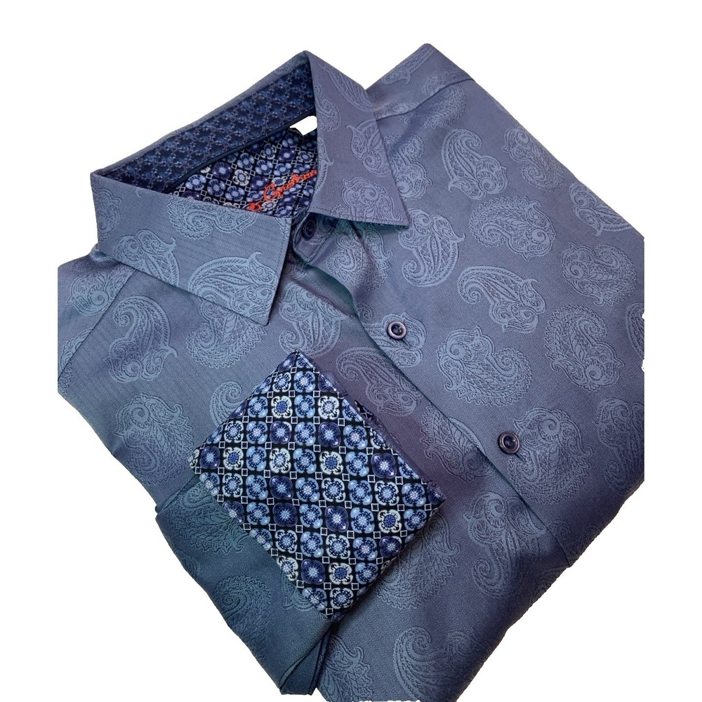 Robert Graham Long Sleeve Button Up Shirt Flip Cuff Men's L Blue Paisley
